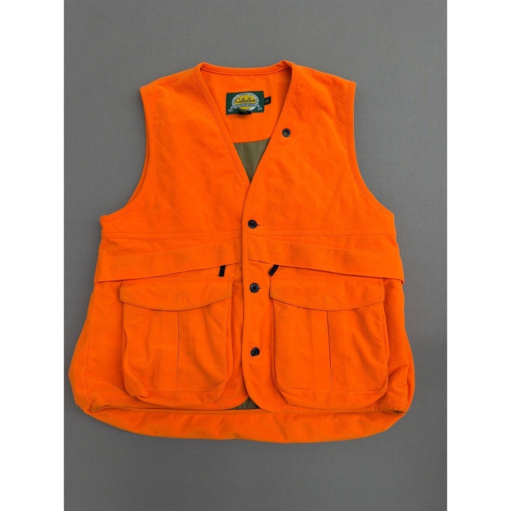Cabelas Mens Blaze Orange Fleece Hunting Vest Game Bag Pockets Large 93-1213‎